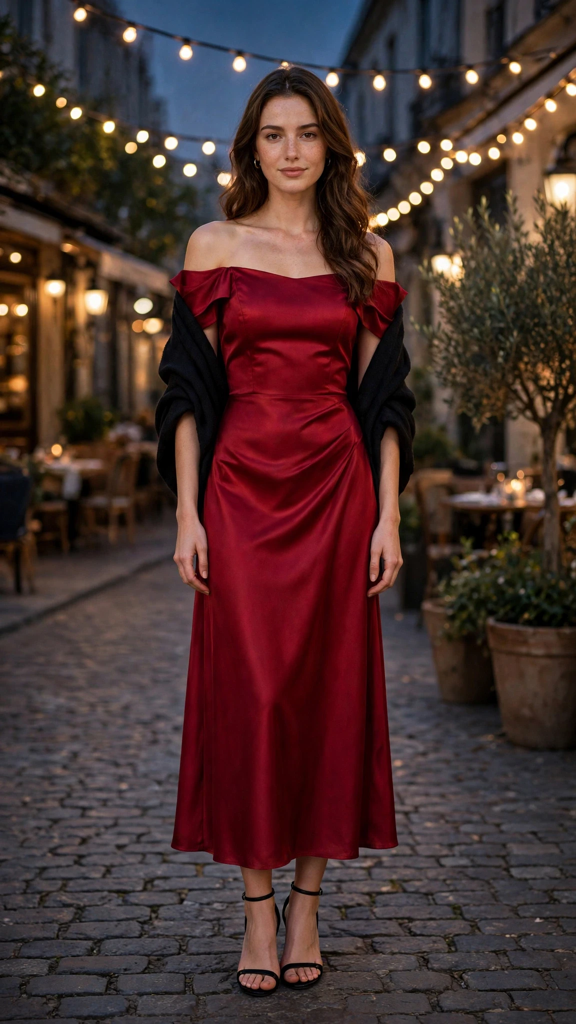 Ruby Off-Shoulder Dress with a soft black shawl