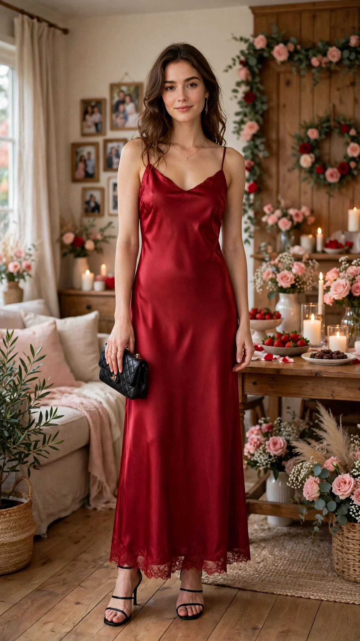 Cherry Slip Dress with a small black clutch