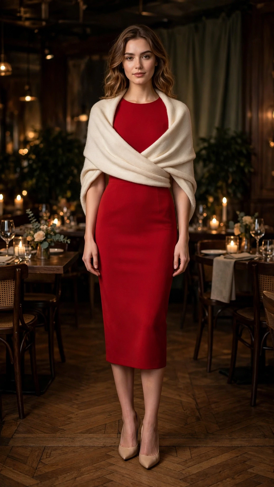 Scarlet Bodycon Midi Dress with a cream wrap
