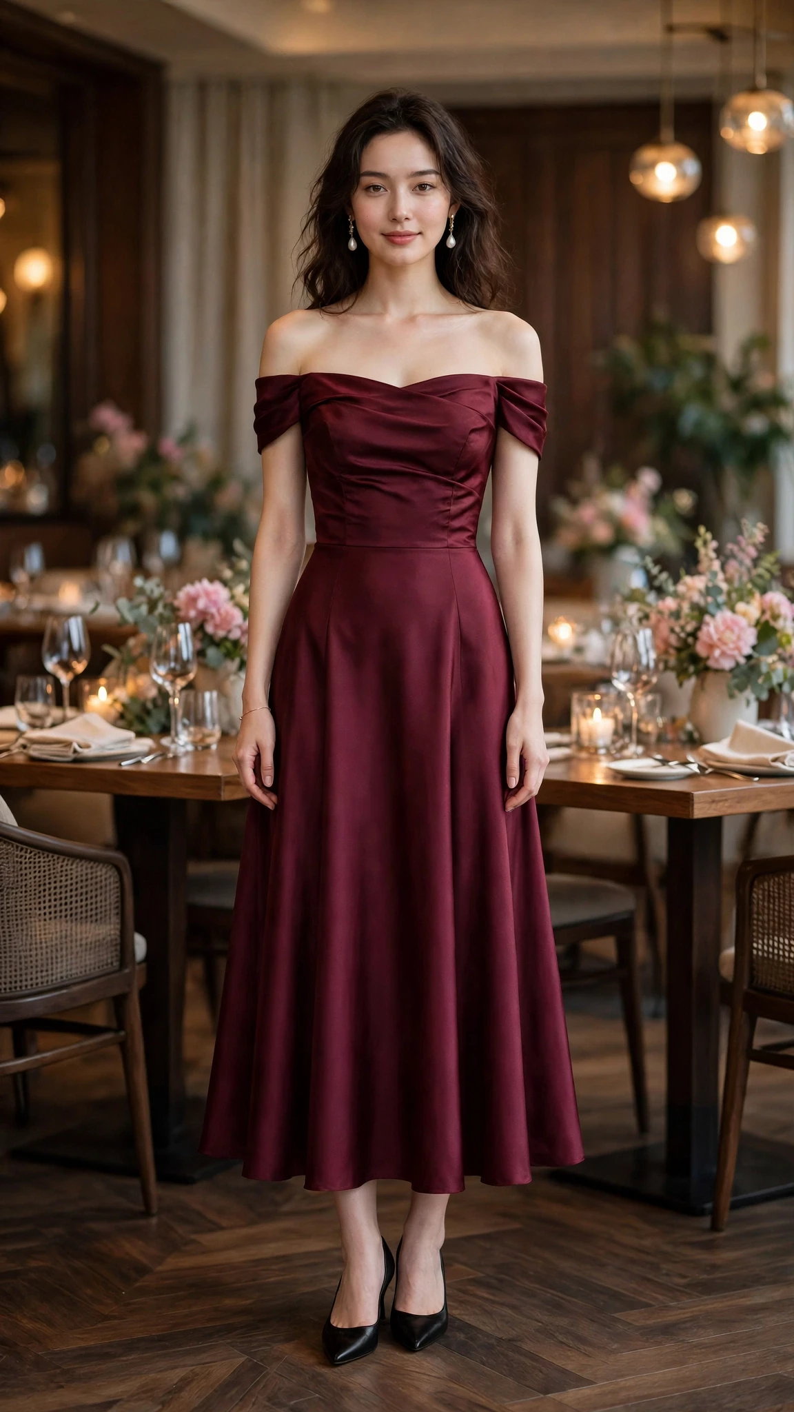 Wine Off-Shoulder Dress with pearl drop earrings