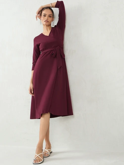 Wine Fit-and-Flare Dress with a cream wrap