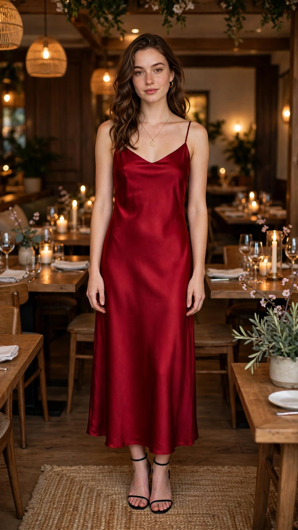 Cherry Slip Dress with a gold pendant necklace