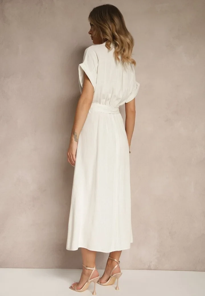 20 Women in Their 20s Ruffle Dress Outfits for February Parties That Are Chic, Romantic and Elegant 2 White Ruffle Wrap Dress with nude pointed flats