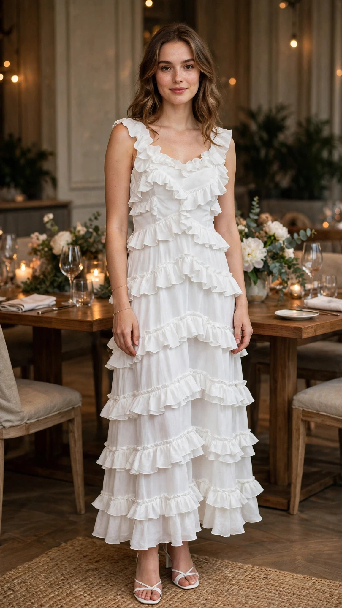 20 Women in Their 20s Ruffle Dress Outfits for February Parties That Are Chic, Romantic and Elegant 5 White Ruffle Tiered Dress with a delicate gold bracelet