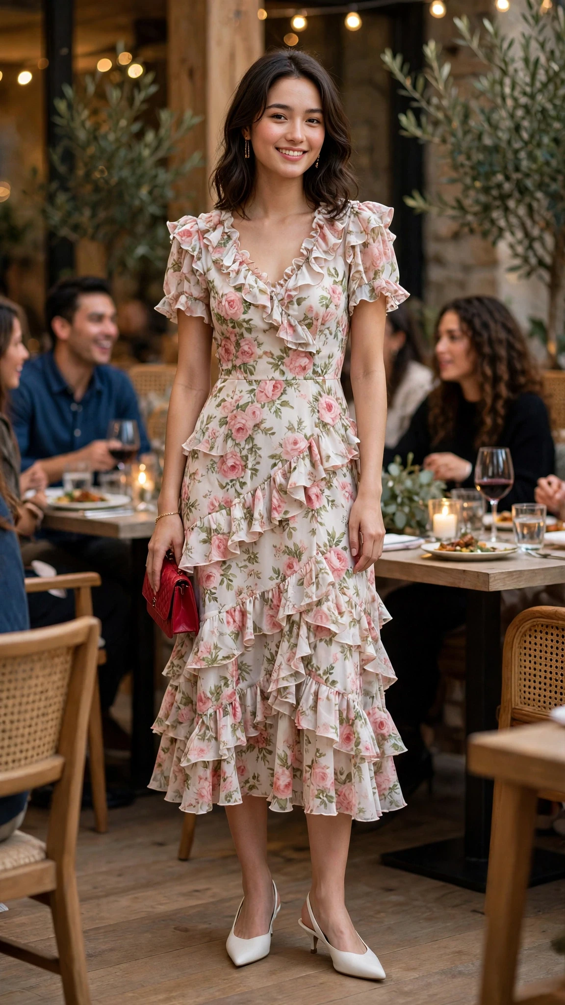 20 Women in Their 20s Ruffle Dress Outfits for February Parties That Are Chic, Romantic and Elegant 6 Floral Ruffle Midi Dress with a red clutch