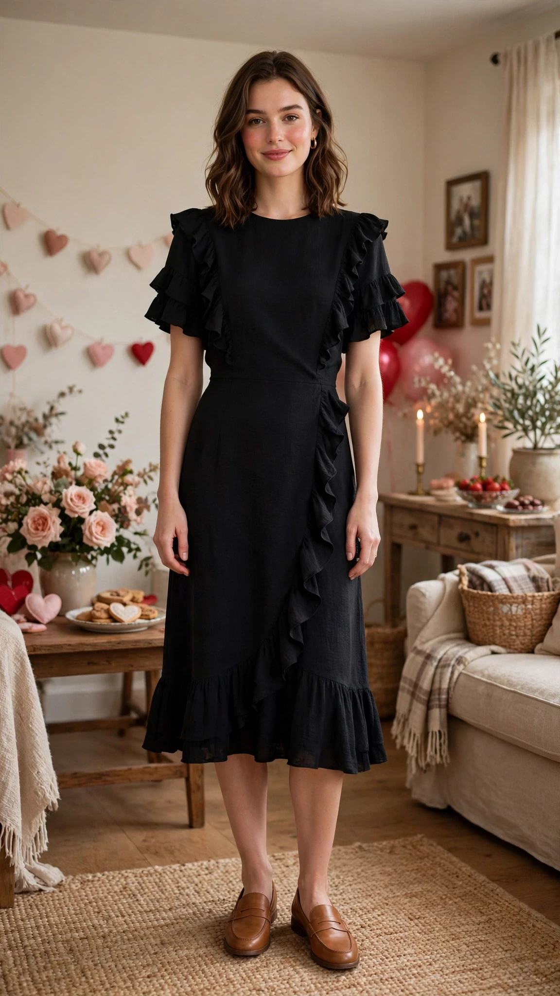 20 Women in Their 20s Ruffle Dress Outfits for February Parties That Are Chic, Romantic and Elegant 8 Black Ruffle Sleeve Dress with tan leather loafers
