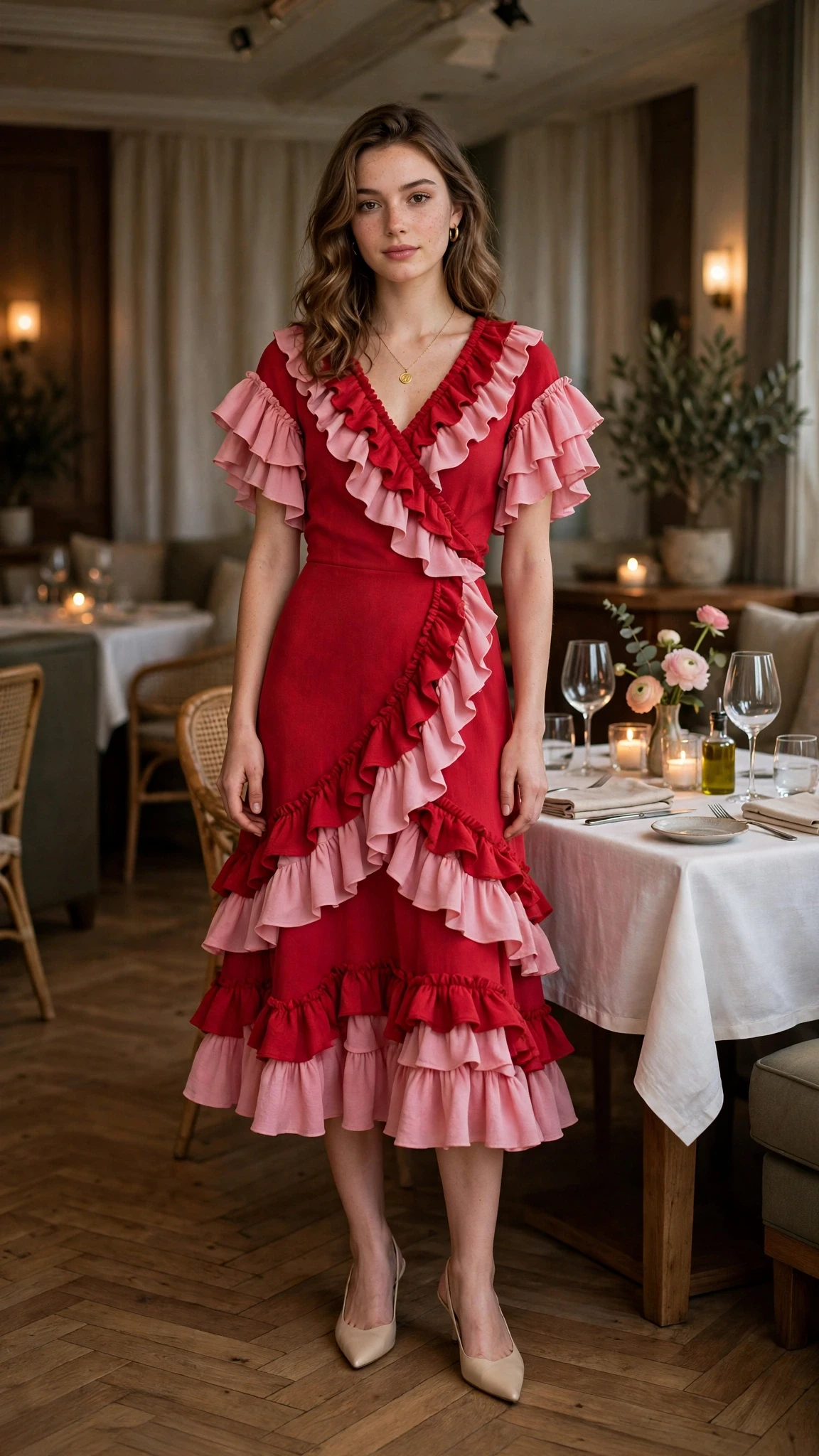 20 Women in Their 20s Ruffle Dress Outfits for February Parties That Are Chic, Romantic and Elegant 9 Red and Pink Ruffle Sleeve Dress with a gold pendant necklace