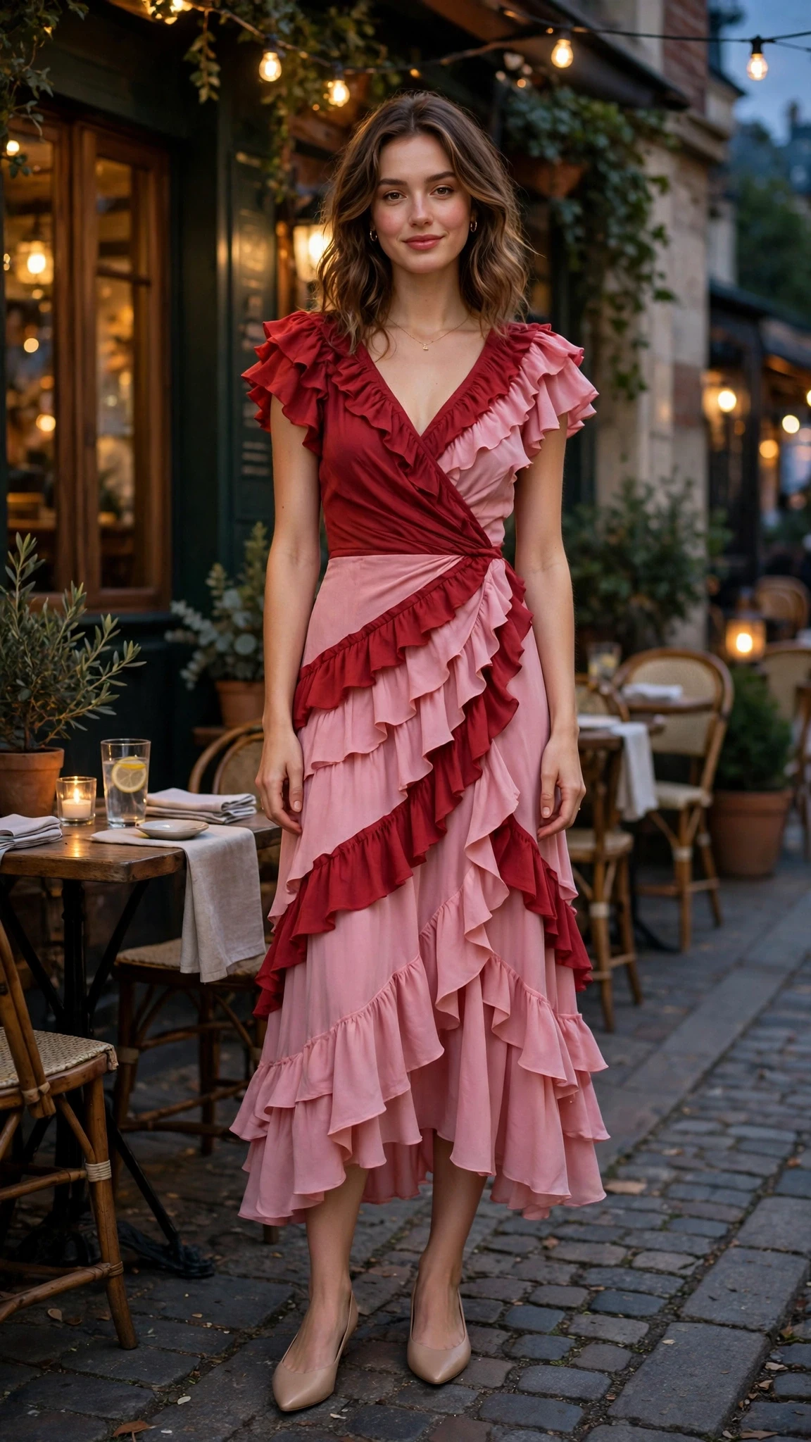 20 Women in Their 20s Ruffle Dress Outfits for February Parties That Are Chic, Romantic and Elegant 12 Red and Pink Ruffle Shoulder Dress with nude pointed flats