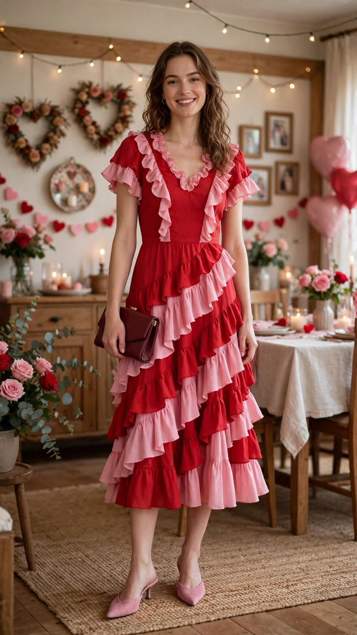 20 Women in Their 20s Ruffle Dress Outfits for February Parties That Are Chic, Romantic and Elegant 16 Red and Pink Ruffle Midi Dress with a burgundy clutch