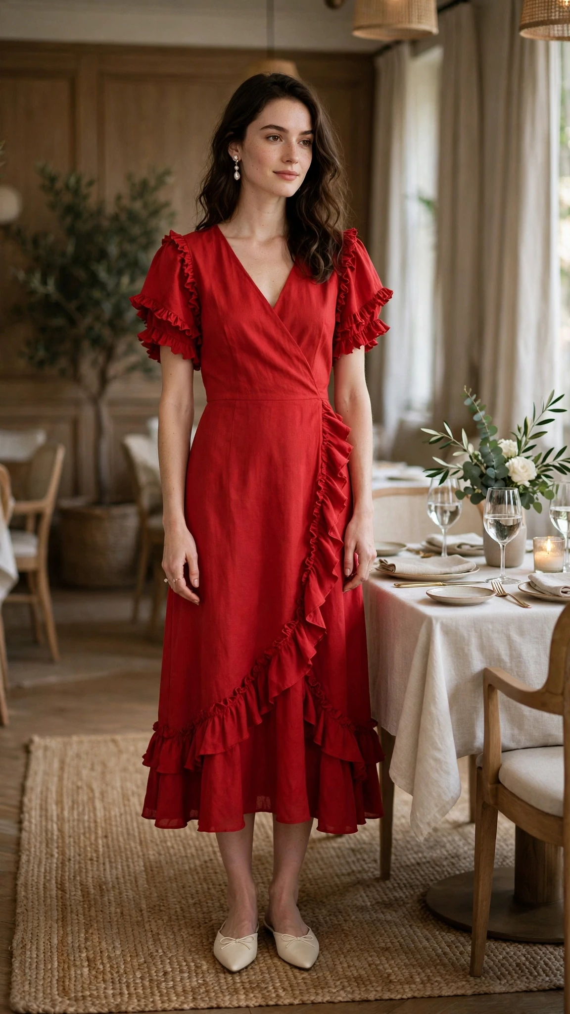 20 Women in Their 20s Ruffle Dress Outfits for February Parties That Are Chic, Romantic and Elegant 17 Red Ruffle Sleeve Dress with pearl drop earrings