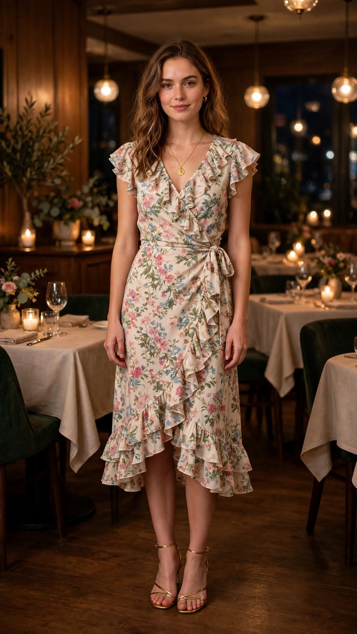 20 Women in Their 20s Ruffle Dress Outfits for February Parties That Are Chic, Romantic and Elegant 18 Floral Ruffle Wrap Dress with a gold pendant necklace