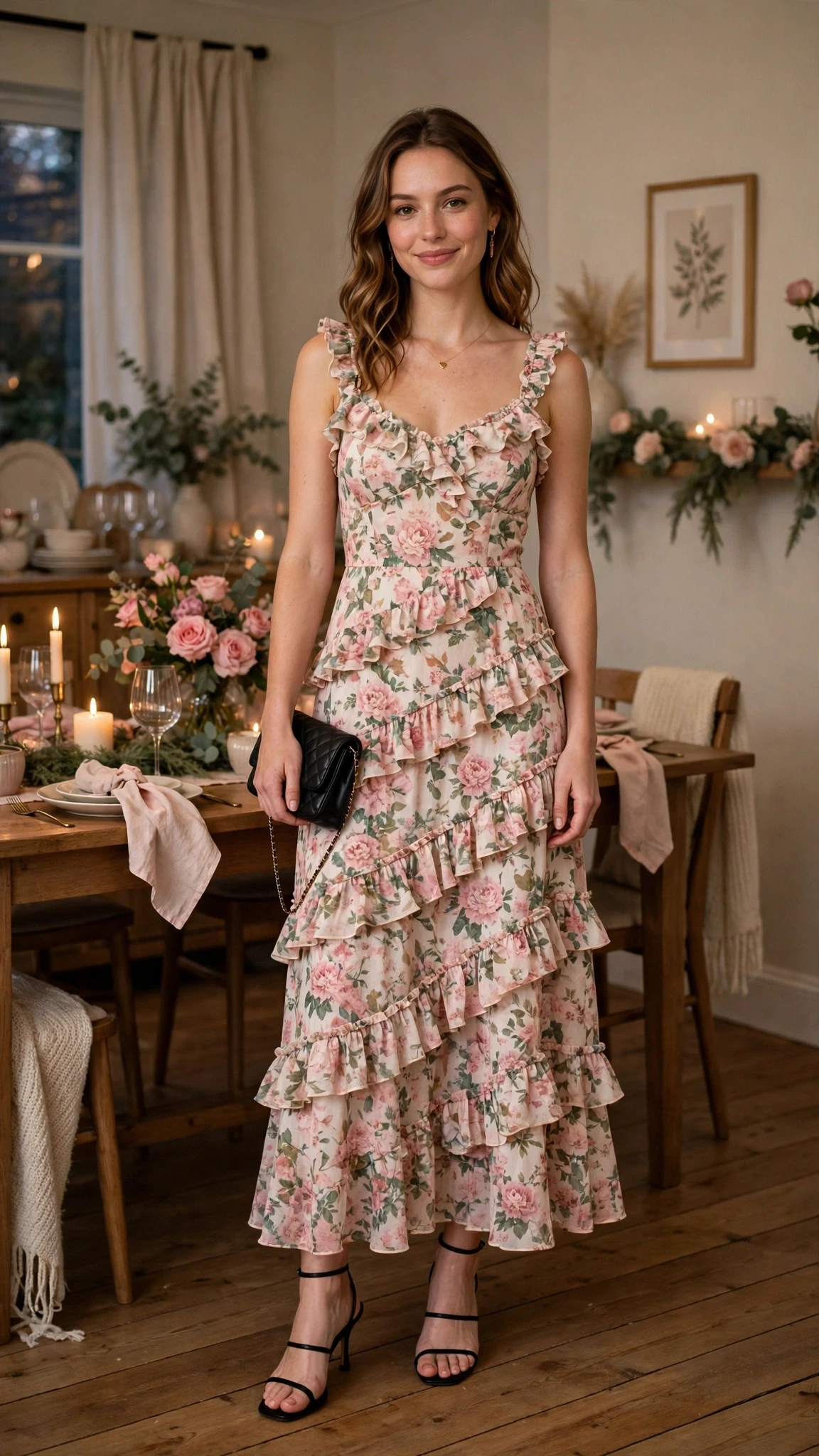 20 Women in Their 20s Ruffle Dress Outfits for February Parties That Are Chic, Romantic and Elegant 19 Floral Ruffle Tiered Dress with a small black clutch