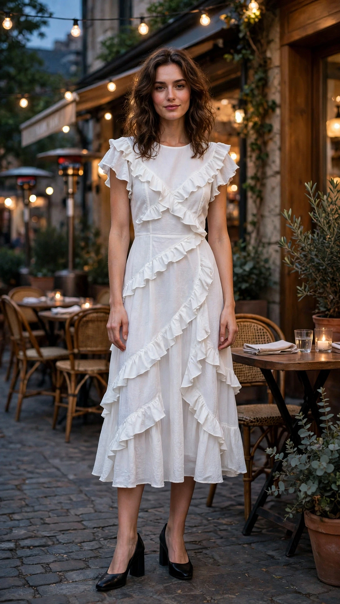 20 Women in Their 20s Ruffle Dress Outfits for February Parties That Are Chic, Romantic and Elegant 20 White Ruffle Midi Dress with black block-heel pumps
