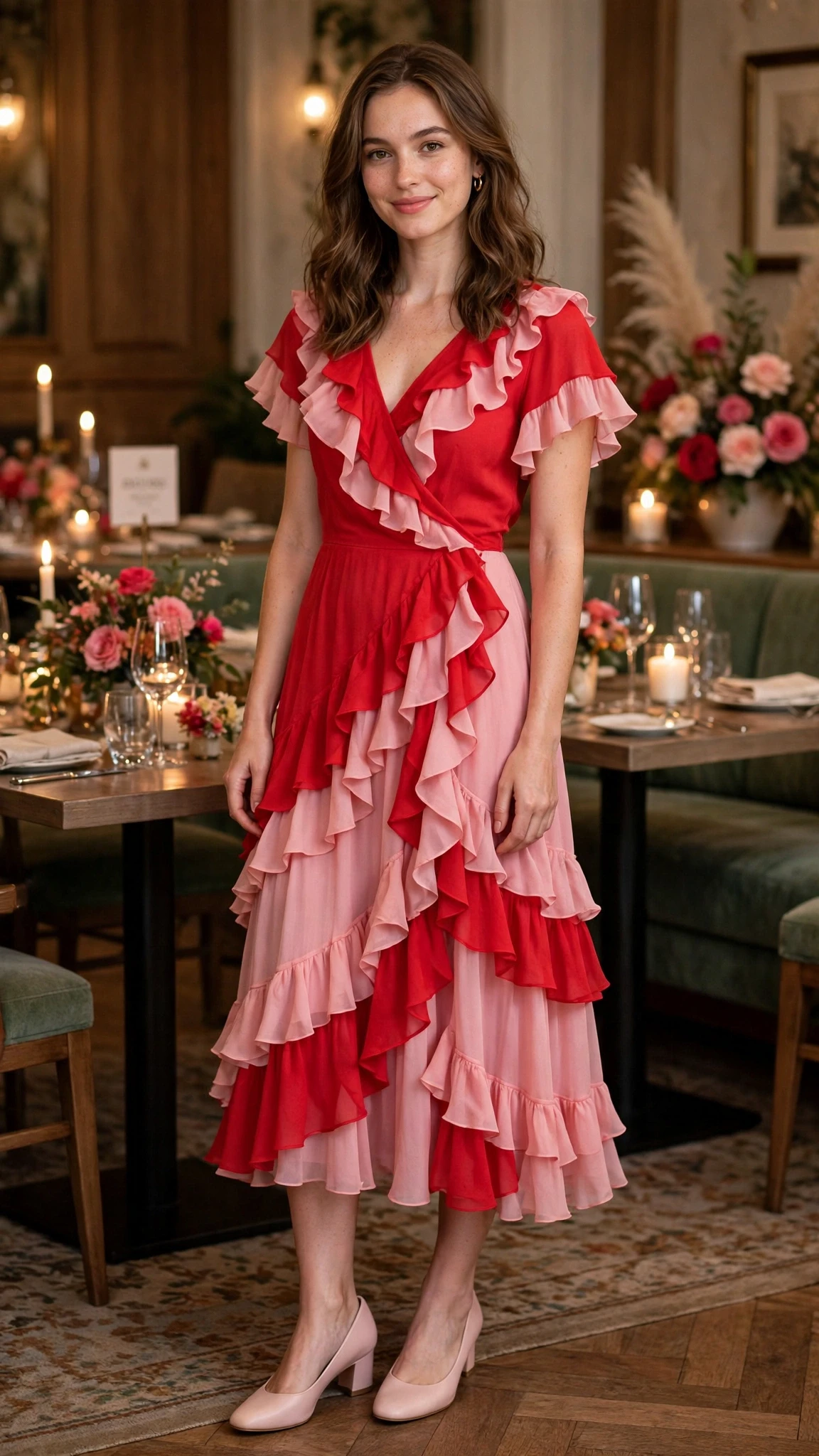 20 Women in Their 20s Ruffle Dress Outfits for February Parties That Are Chic, Romantic and Elegant 21 Red and Pink Ruffle Midi Dress with comfortable low heels