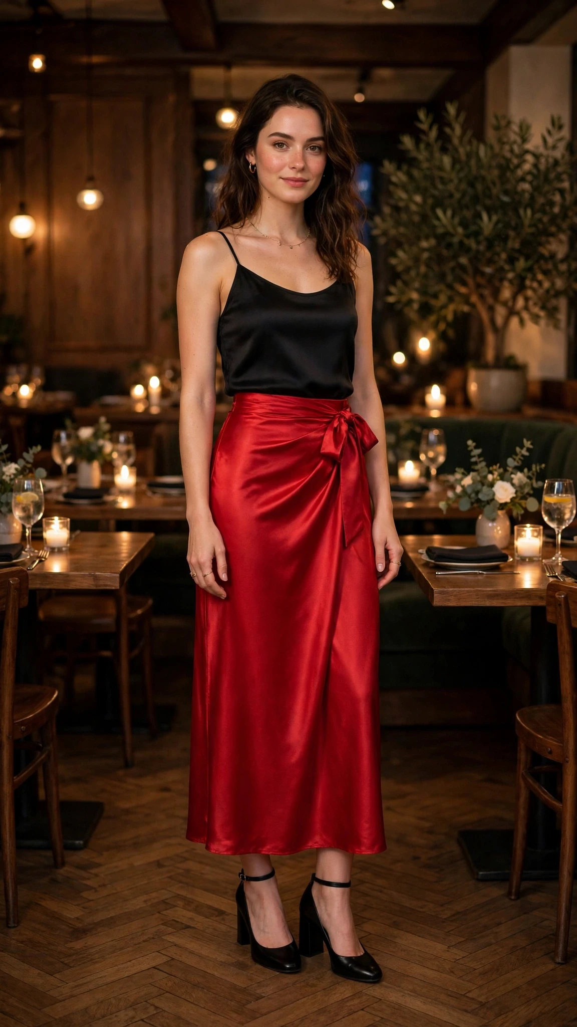 Red Satin Wrap Skirt with black block-heel pumps