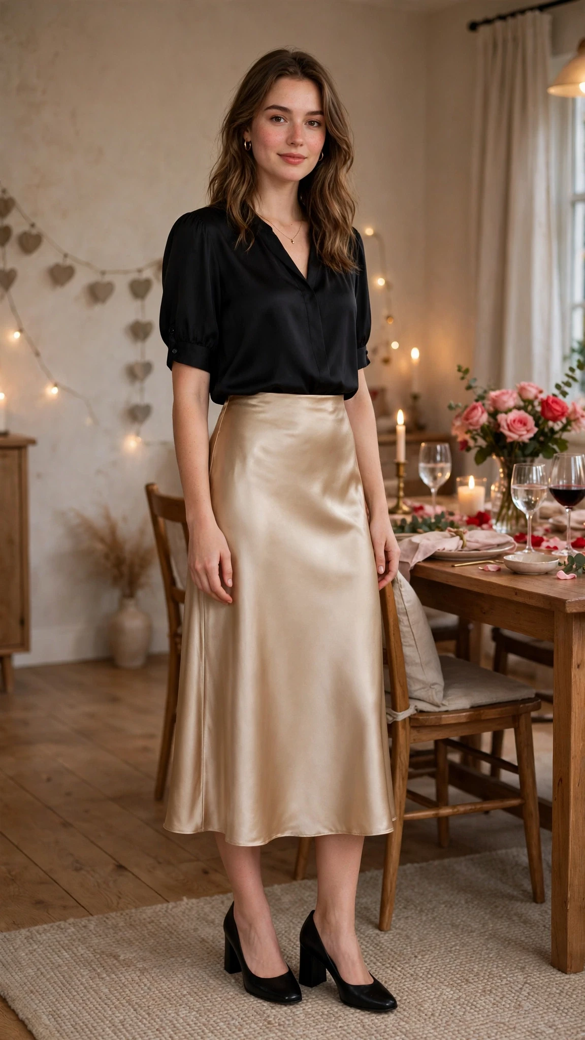 Champagne Satin Bias-Cut Skirt with black block-heel pumps