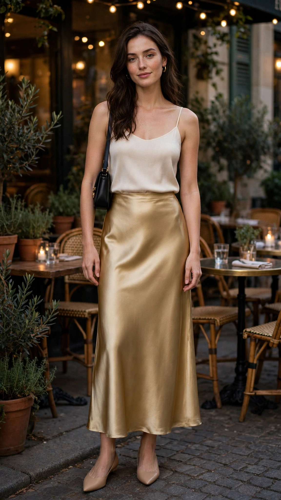 Gold Satin Bias-Cut Skirt with nude pointed flats