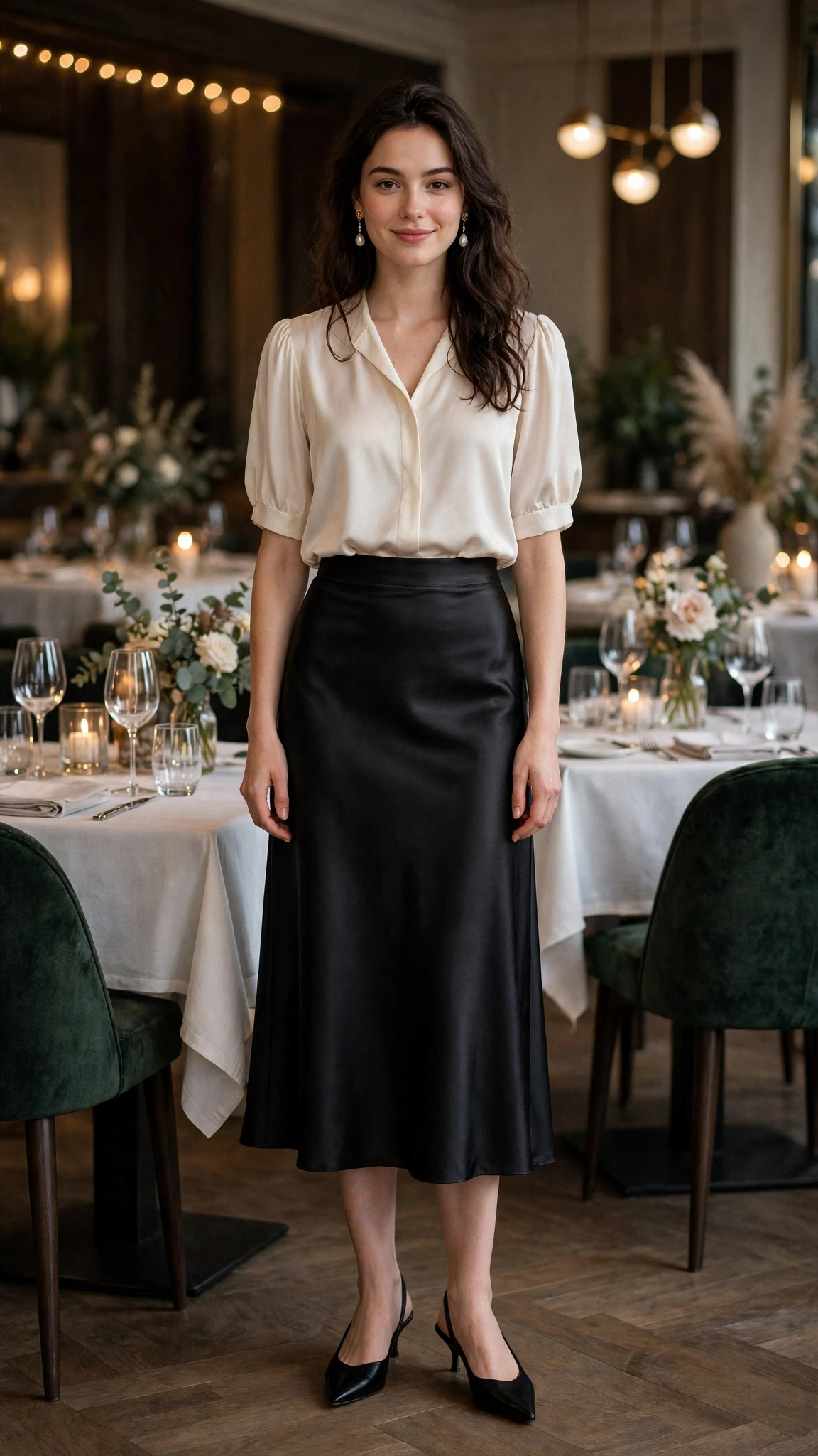 Black Satin Midi Skirt with pearl drop earrings