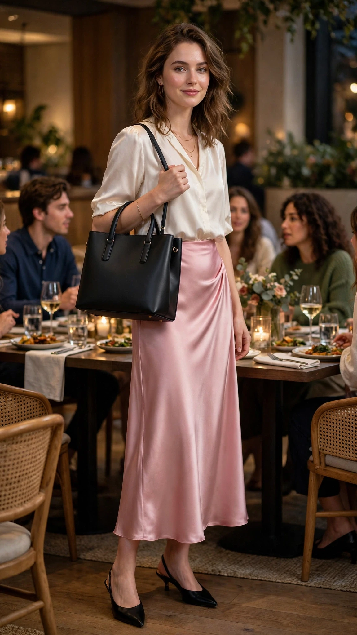 Pink Satin Bias-Cut Skirt with a structured tote