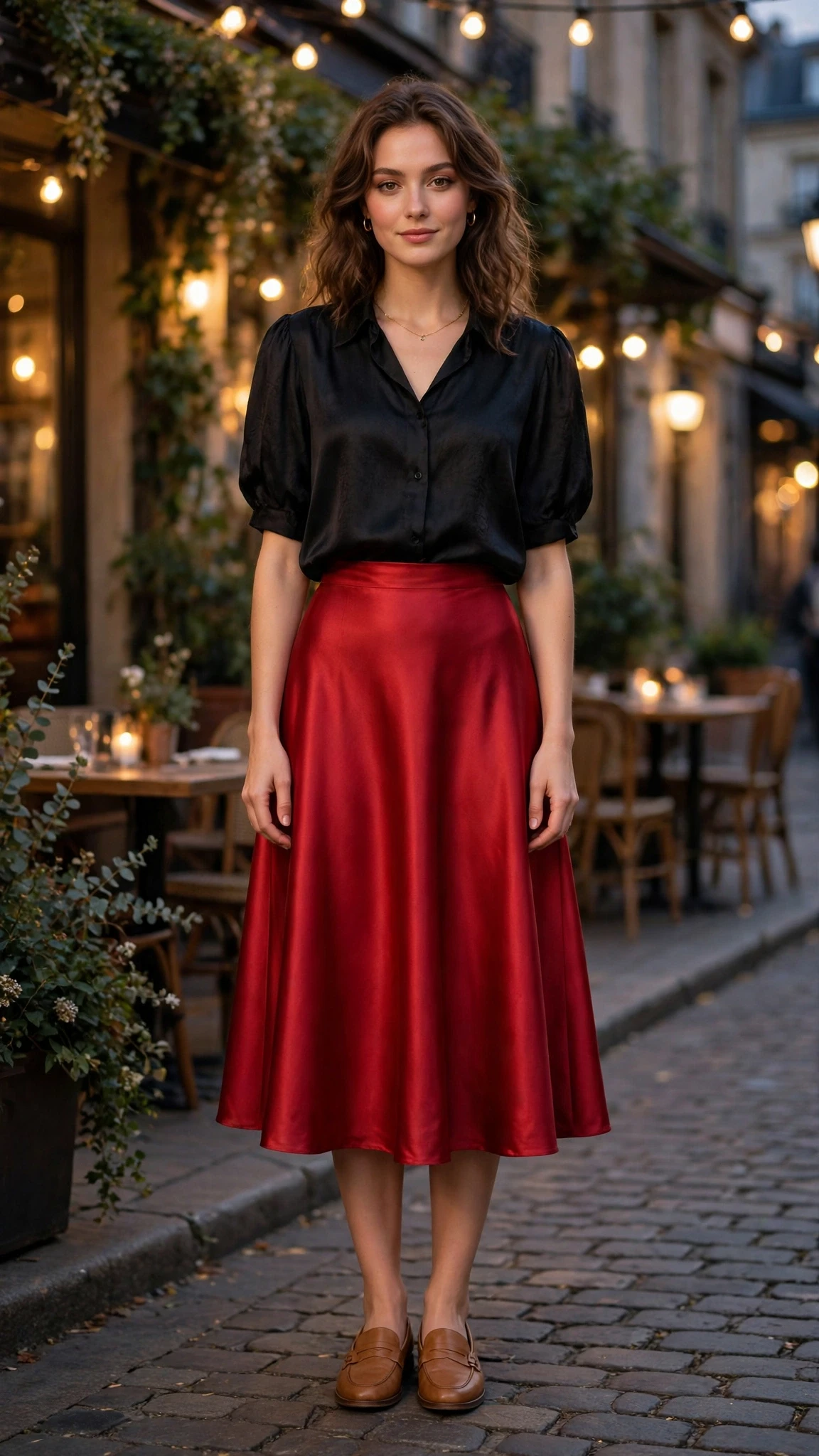 Red Satin A-Line Skirt with tan leather loafers
