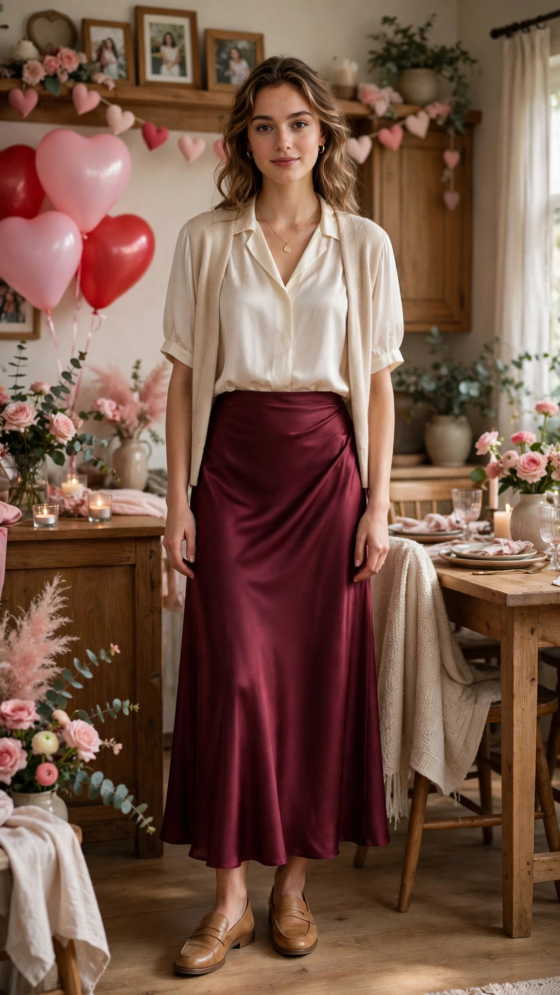 Burgundy Satin Bias-Cut Skirt with tan leather loafers