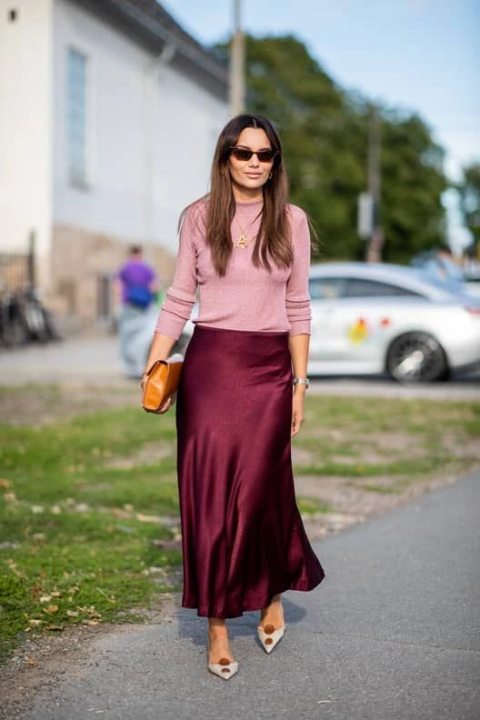 Burgundy Satin Midi Skirt with tan leather loafers