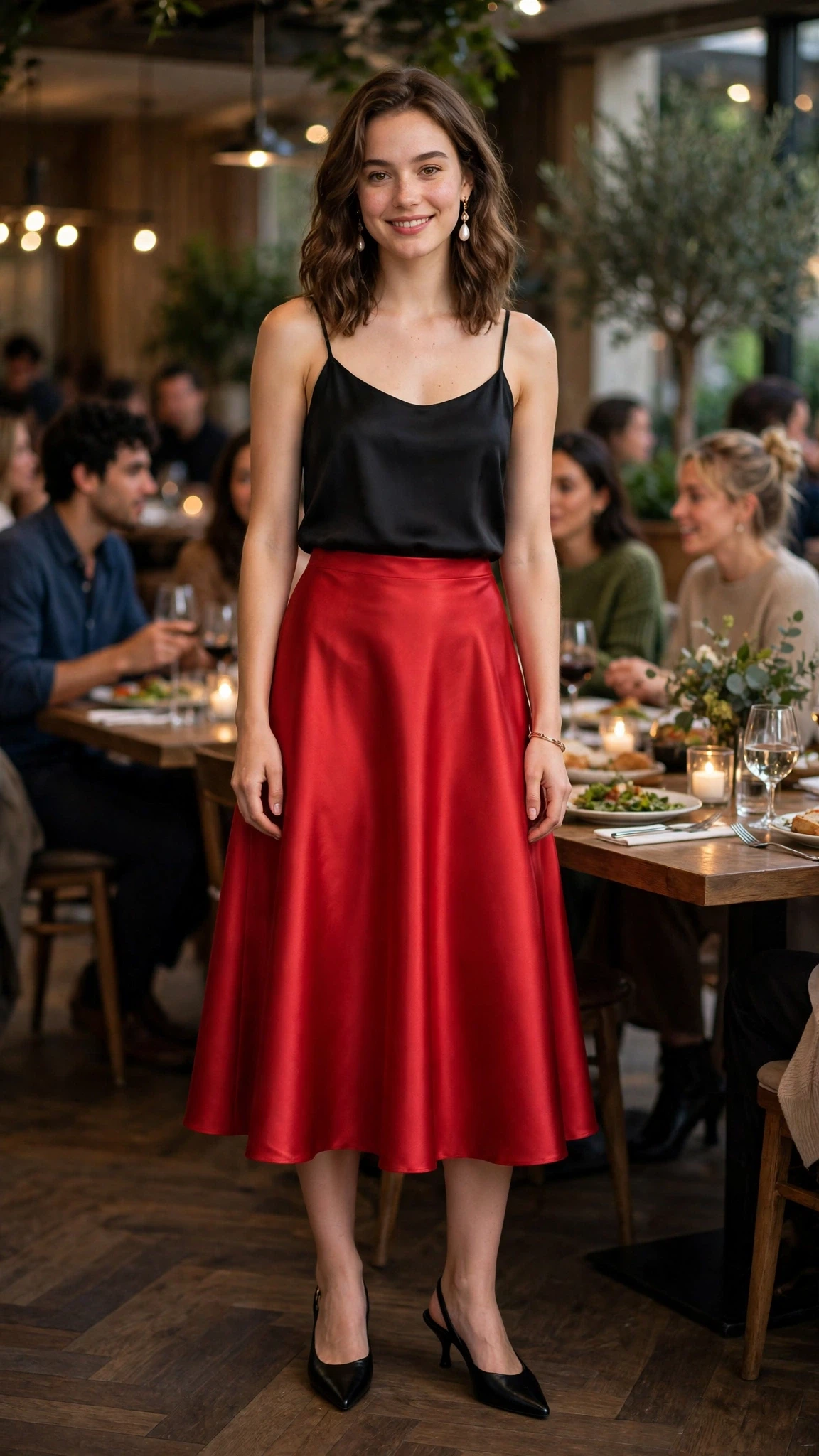 Red Satin A-Line Skirt with pearl drop earrings