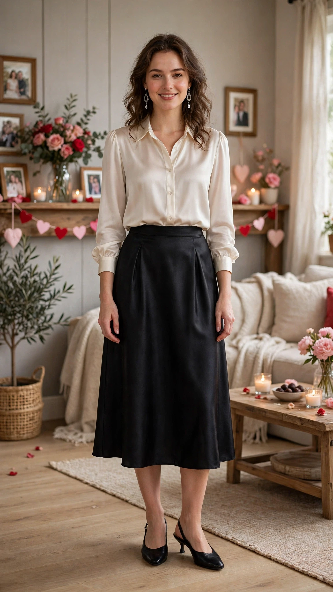 Black Satin Midi Skirt with silver drop earrings
