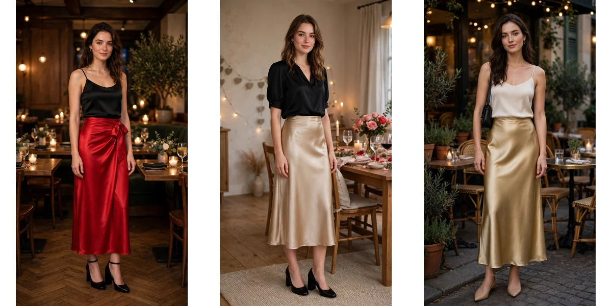 18 Women in Their 20s Satin Skirt Outfits for Valentine Nights That Are Chic, Romantic and Elegant