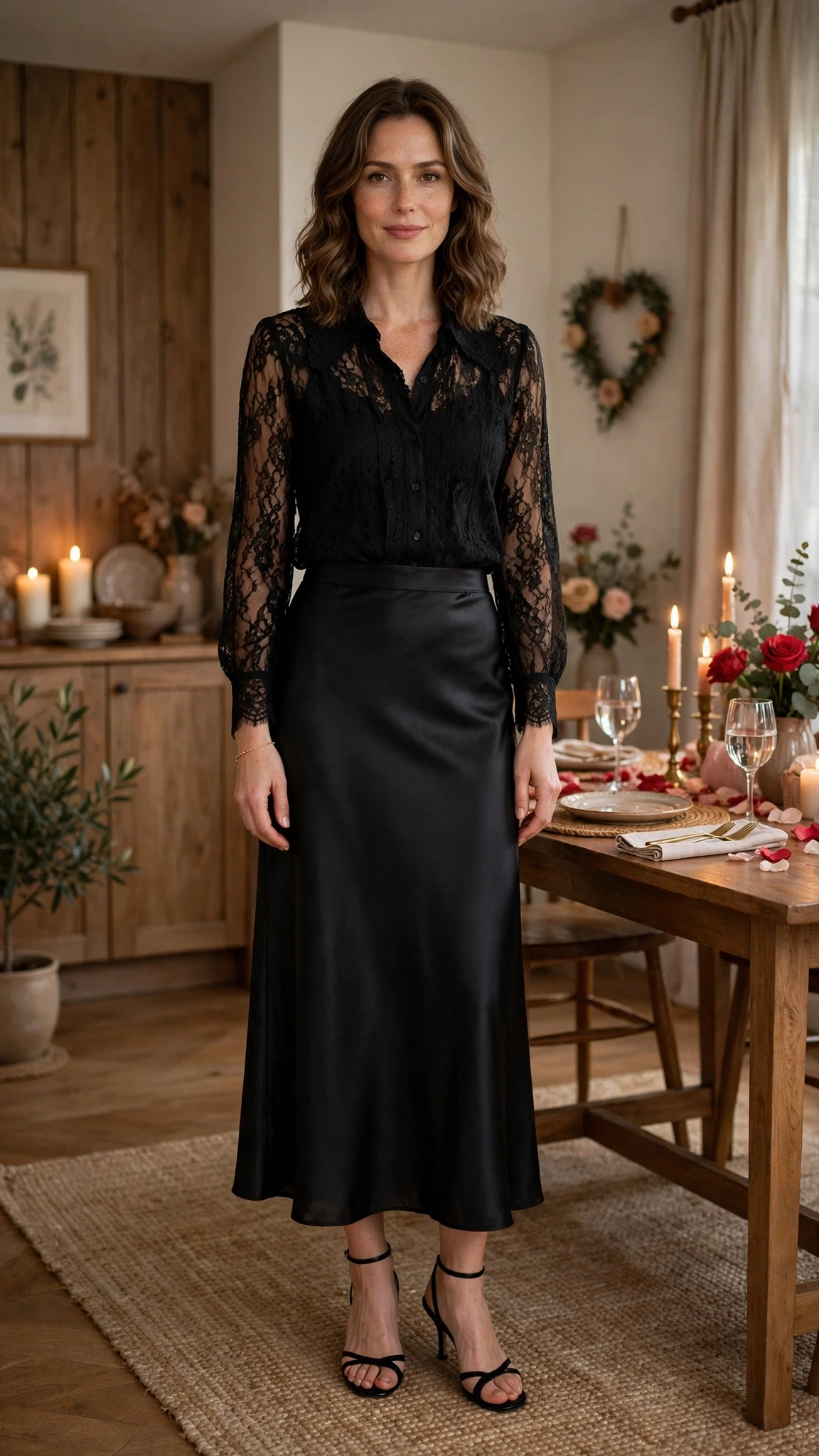Black Lace Blouse and Satin Skirt with a delicate gold bracelet