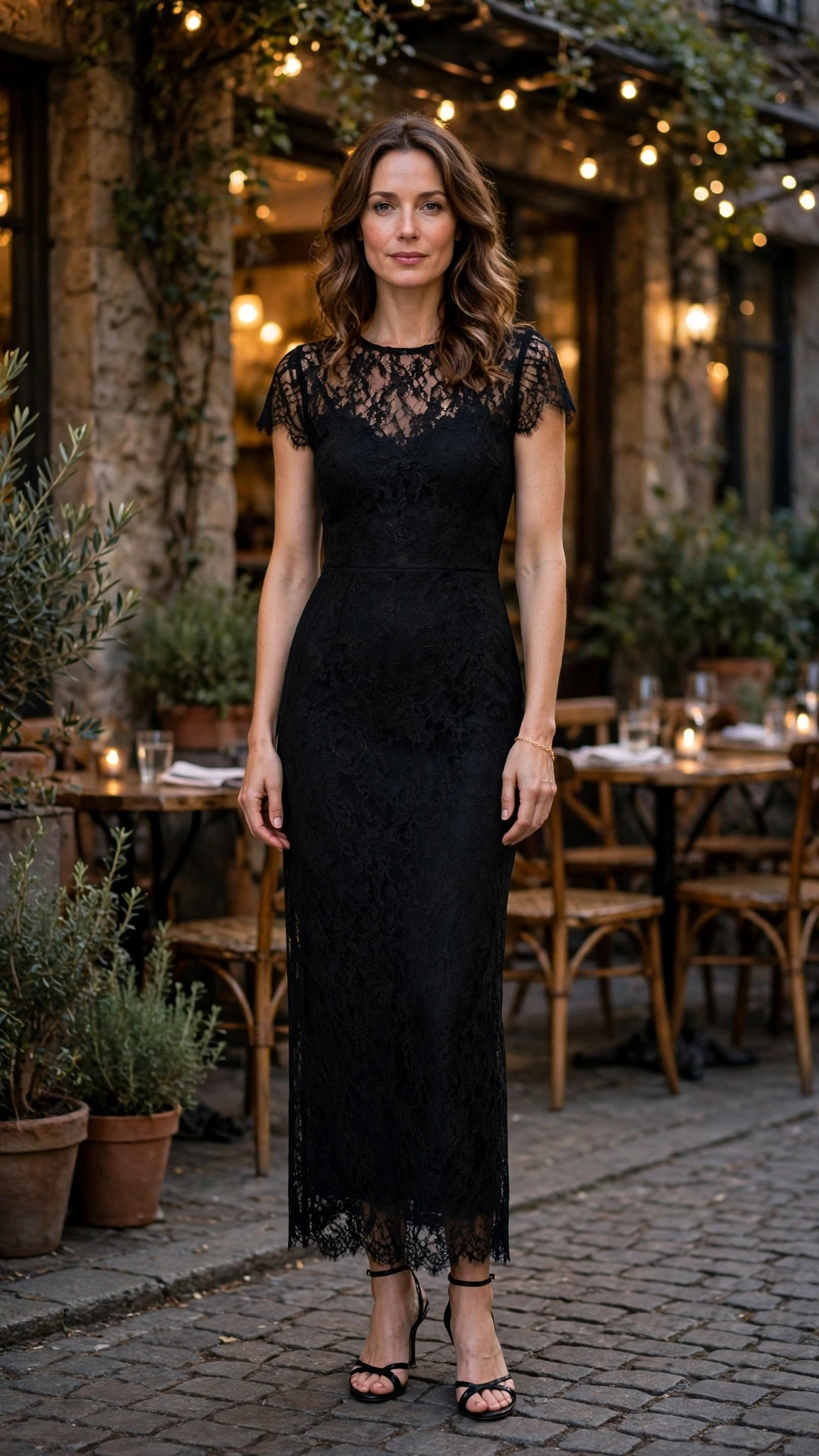Black Lace Sheath Dress with a delicate gold bracelet