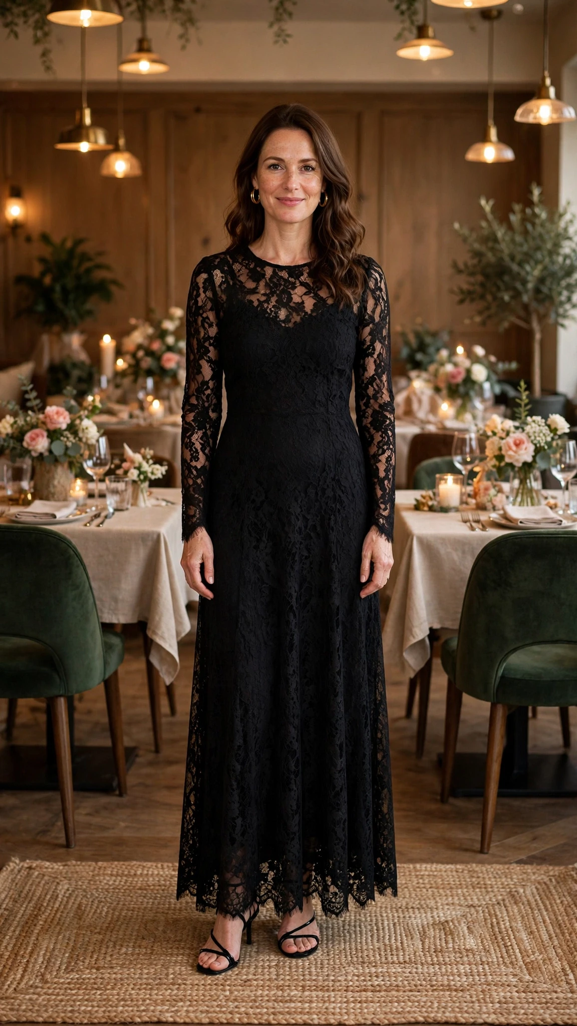 Black Lace Maxi Dress with gold hoop earrings