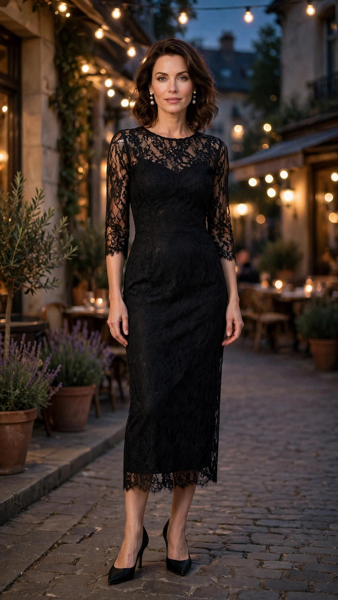 Black Lace Sheath Dress with pearl drop earrings