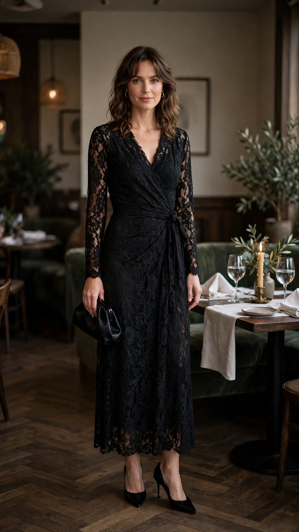 Black Lace Wrap Dress with a black satin clutch