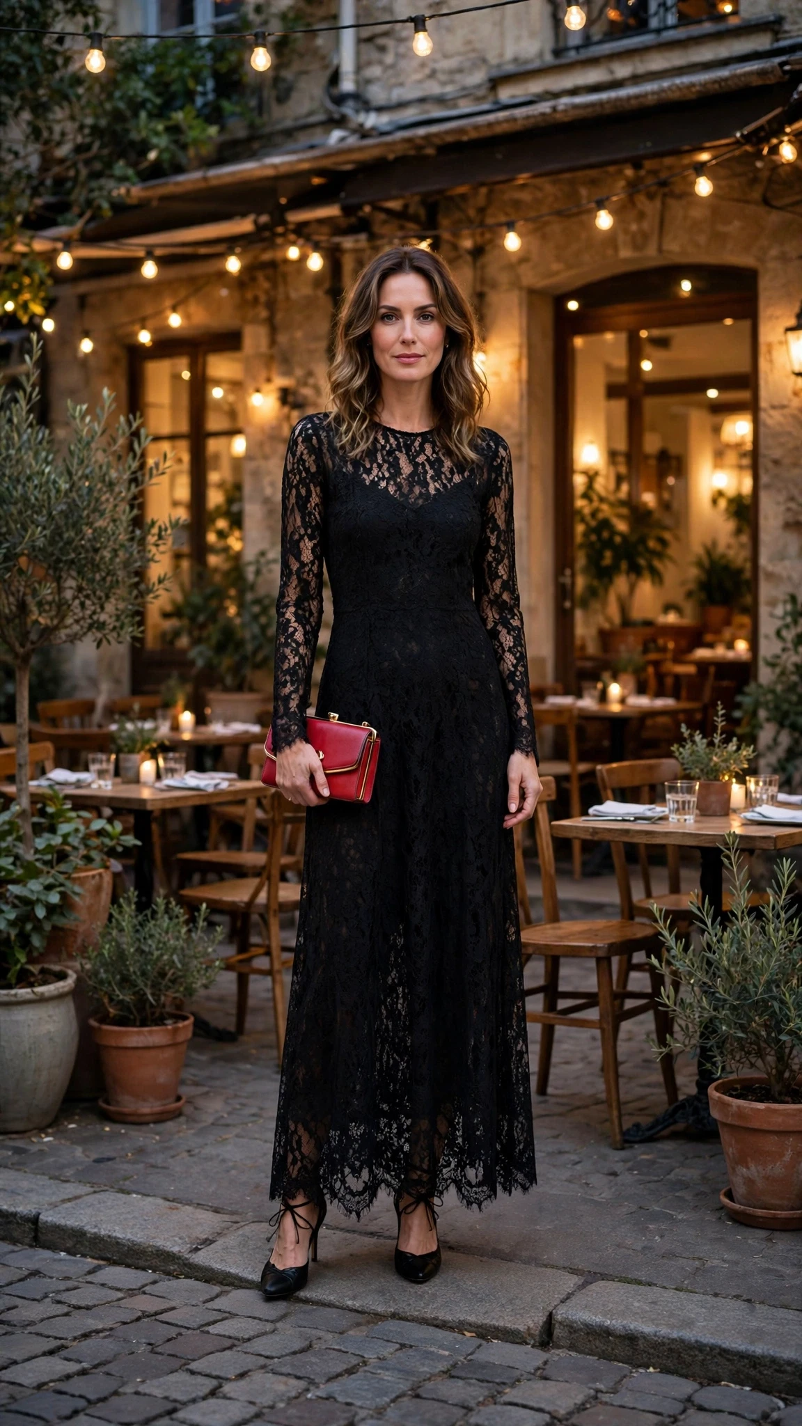 Black Lace Maxi Dress with a red clutch