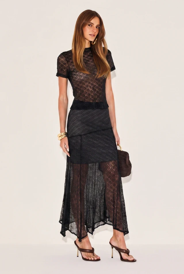 Black Lace Top and Midi Skirt with gold hoop earrings