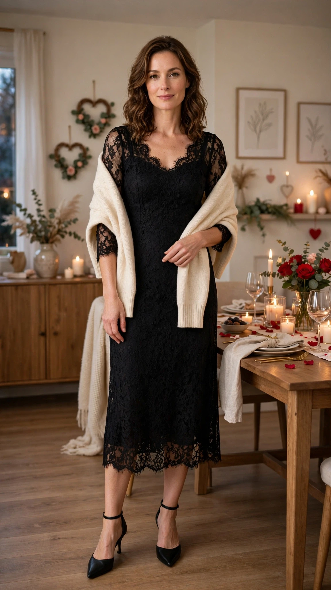 Black Lace Midi Dress with a cream wrap