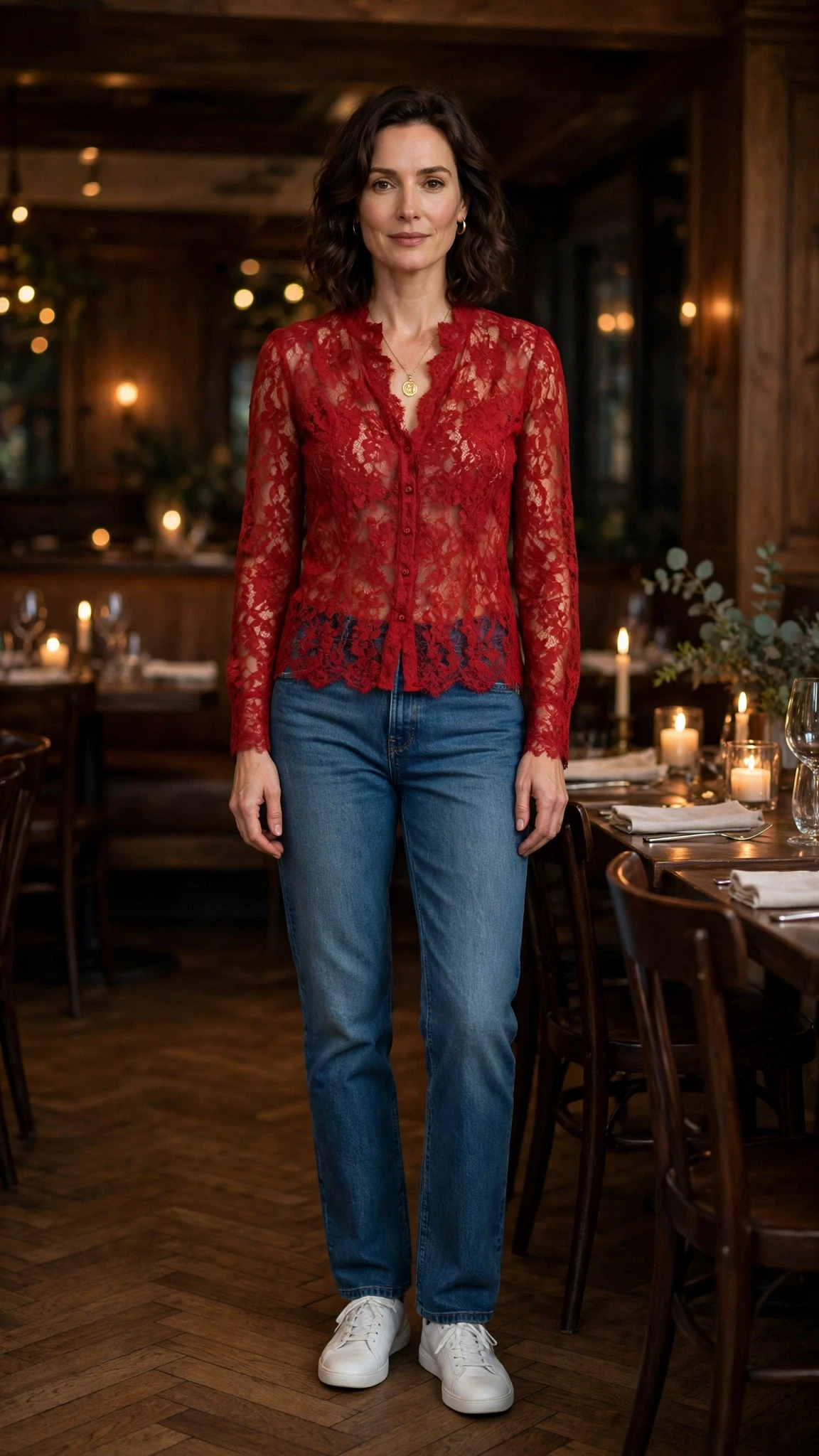 Red Lace Blouse and Jeans with a gold pendant necklace