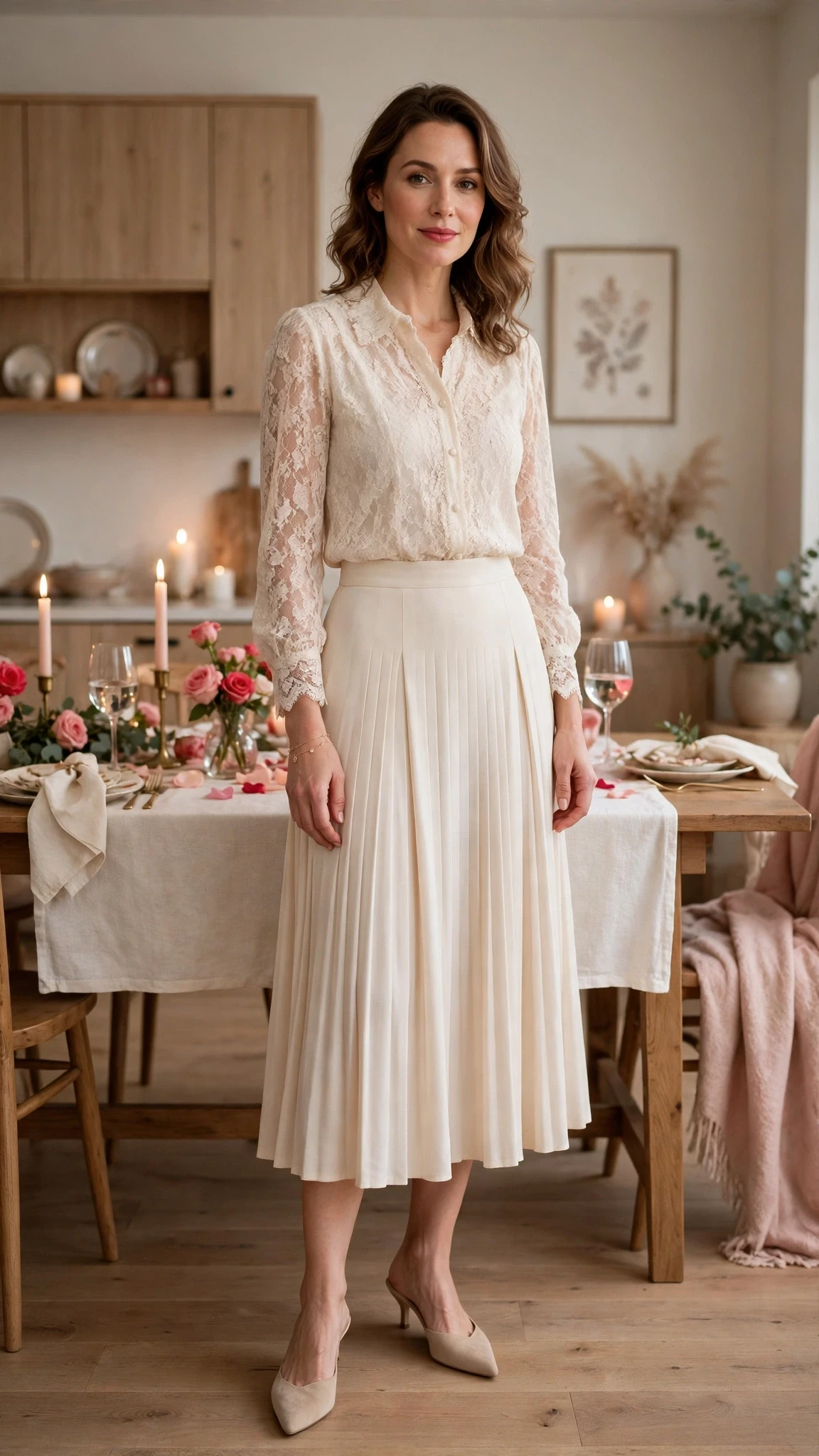 Cream Lace Blouse and Midi Skirt with a delicate gold bracelet