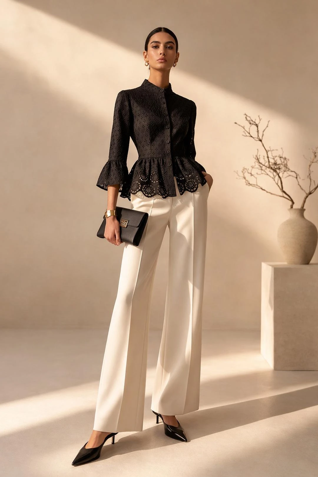 Black Lace Peplum Blouse and Trousers with a black satin clutch
