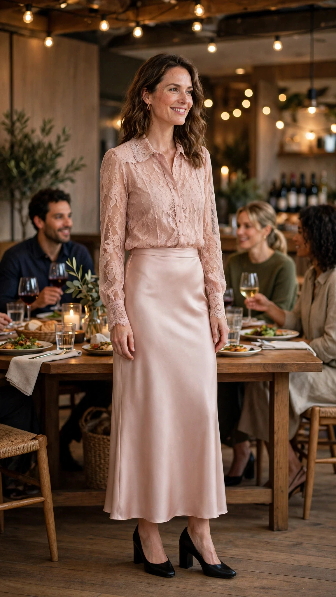 Blush Lace Blouse and Satin Skirt with black block-heel pumps