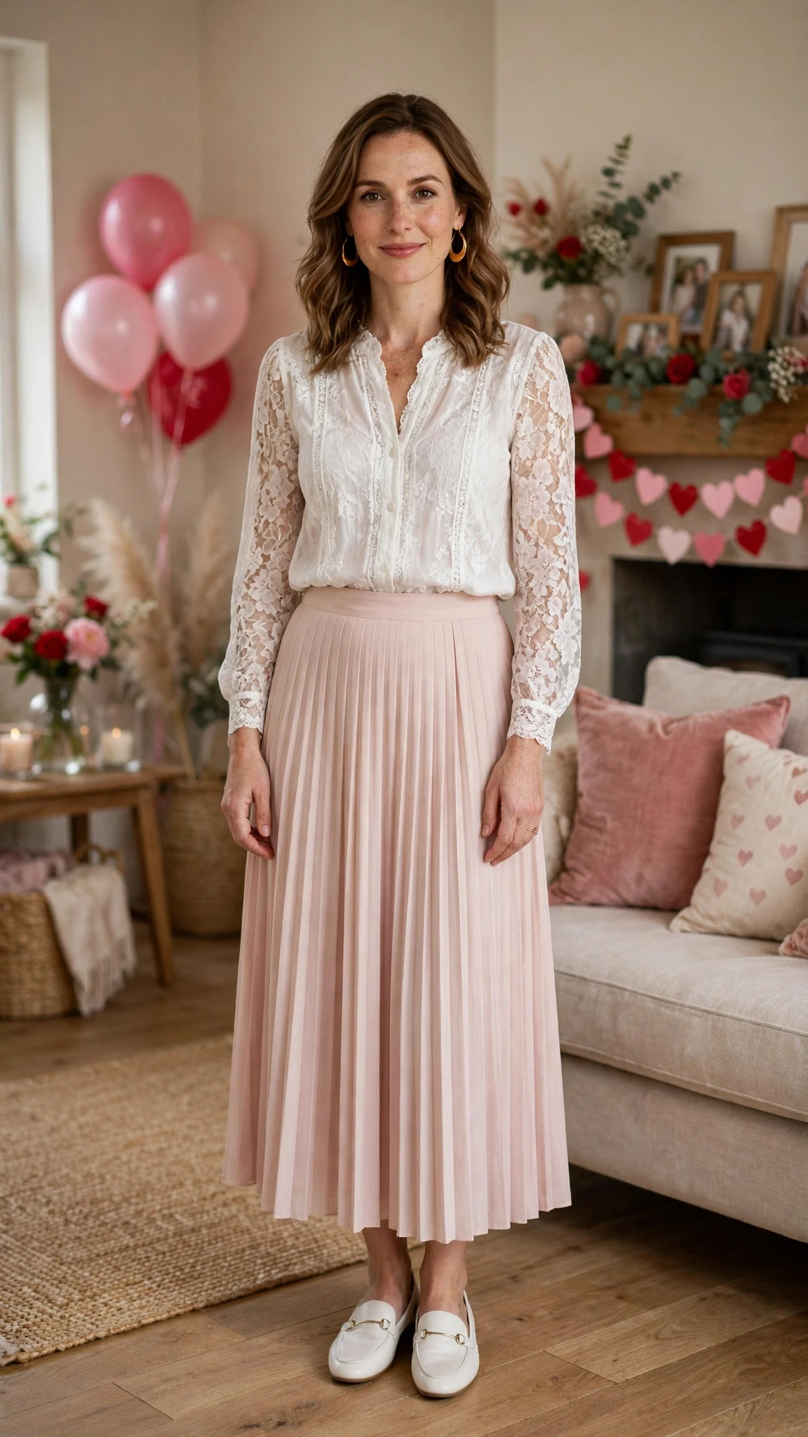 White Lace Blouse and Pleated Skirt with gold hoop earrings