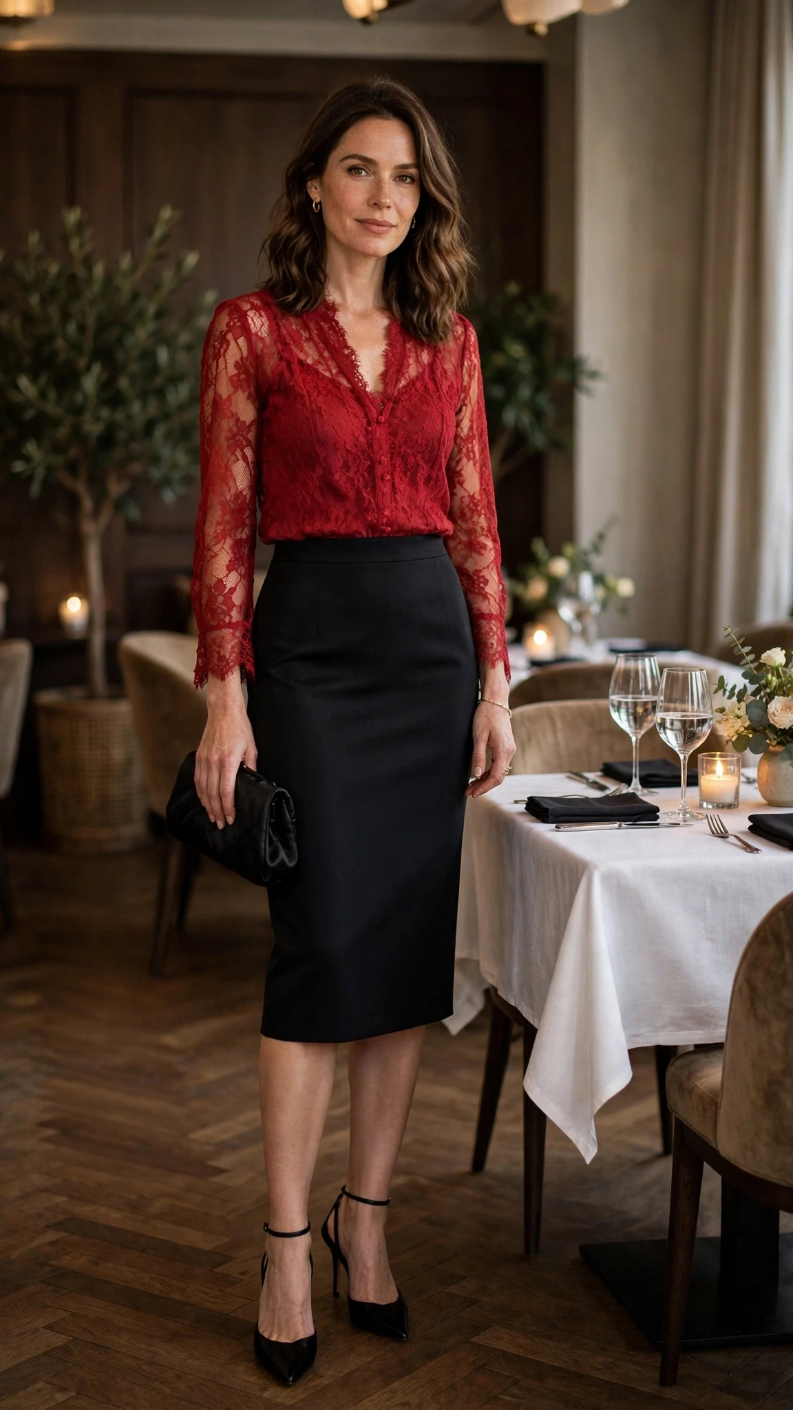 Red Lace Blouse and Pencil Skirt with a black satin clutch