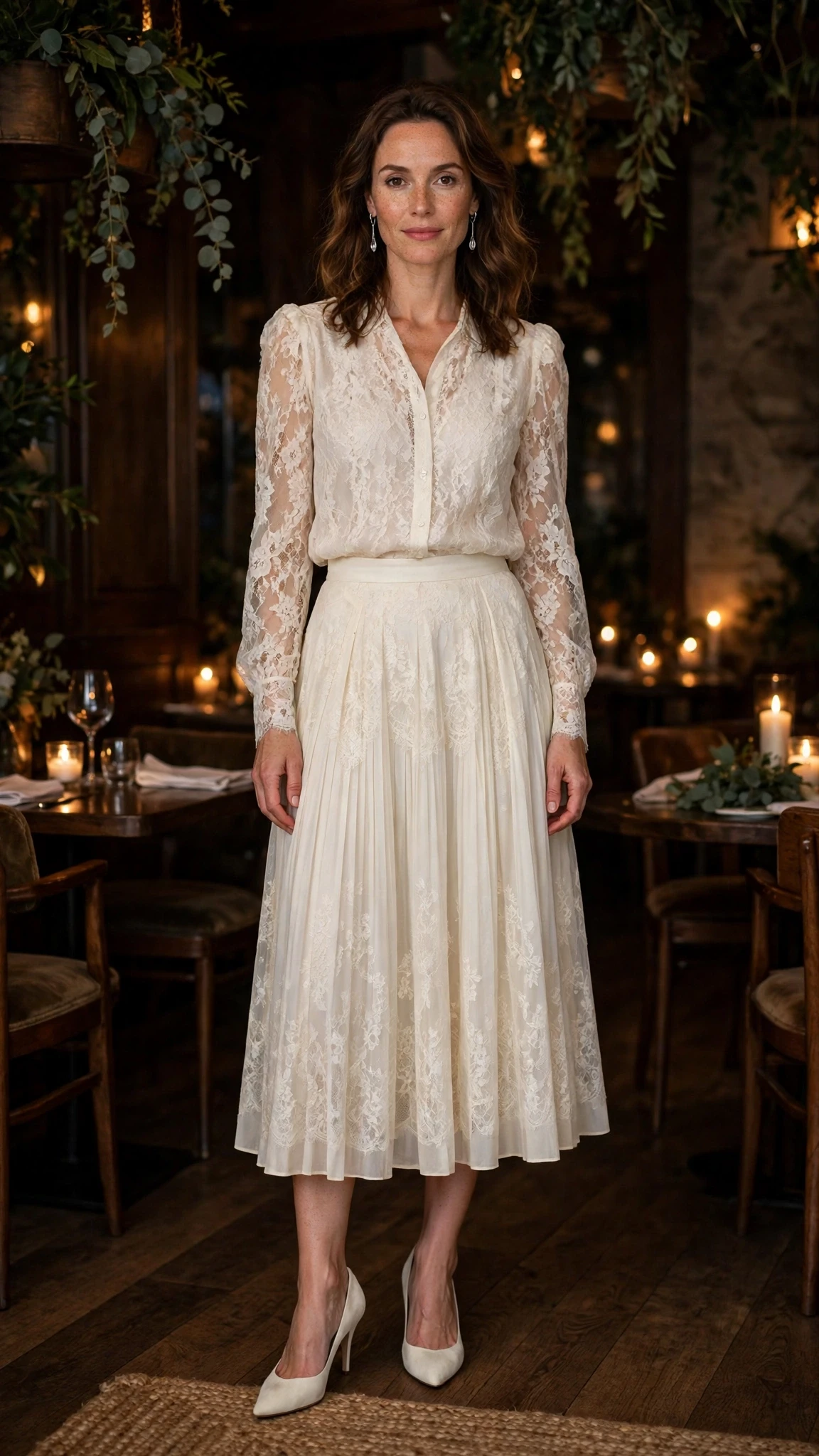 Ivory Lace Blouse and Midi Skirt with silver drop earrings