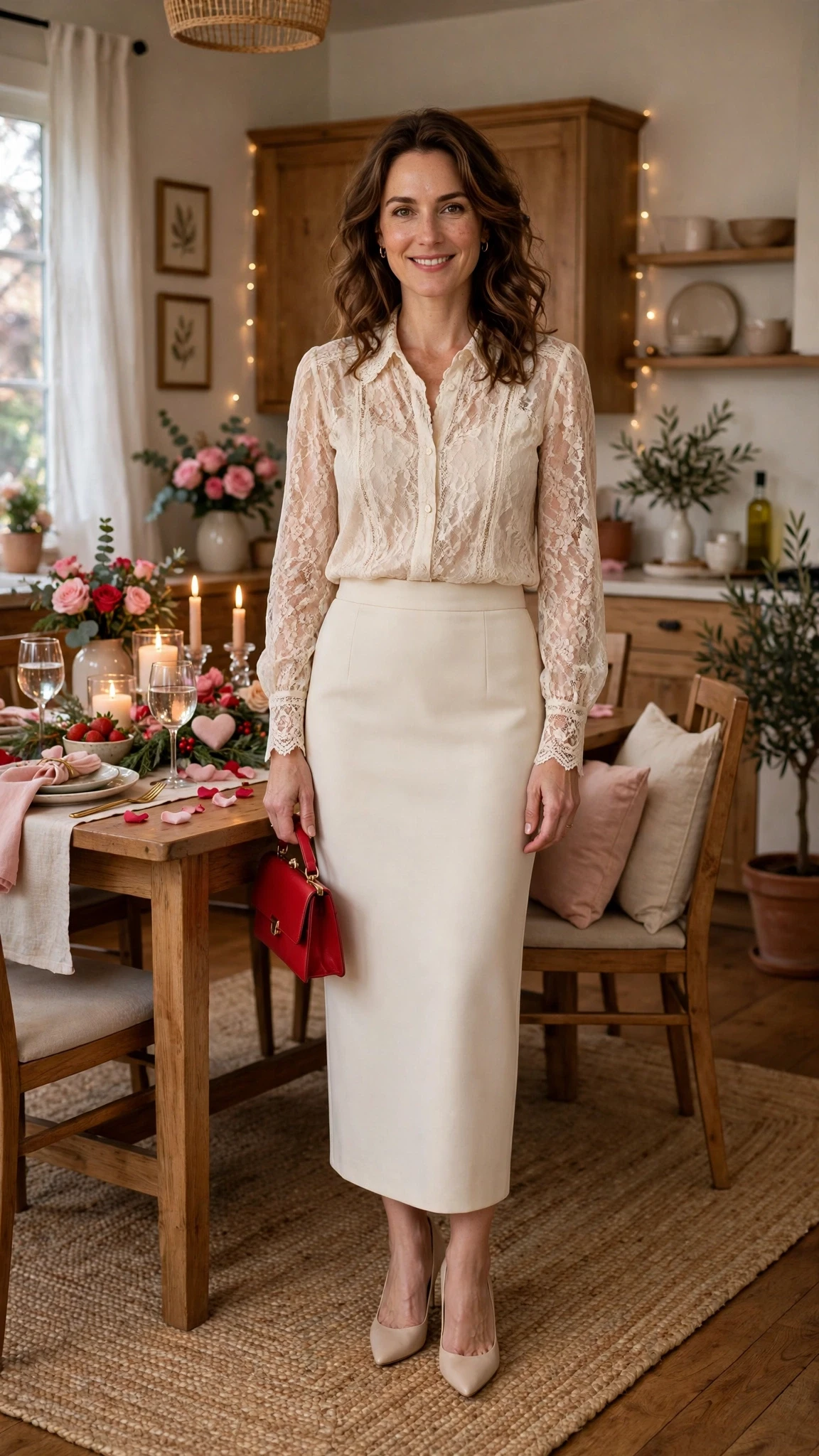 Cream Lace Blouse and Pencil Skirt with a red clutch