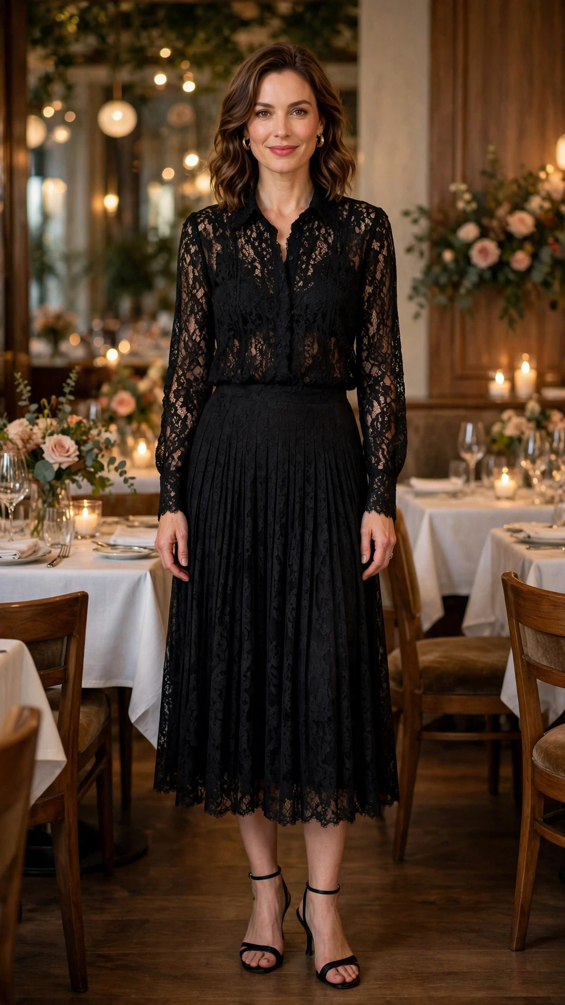 Black Lace Blouse and Midi Skirt with gold hoop earrings
