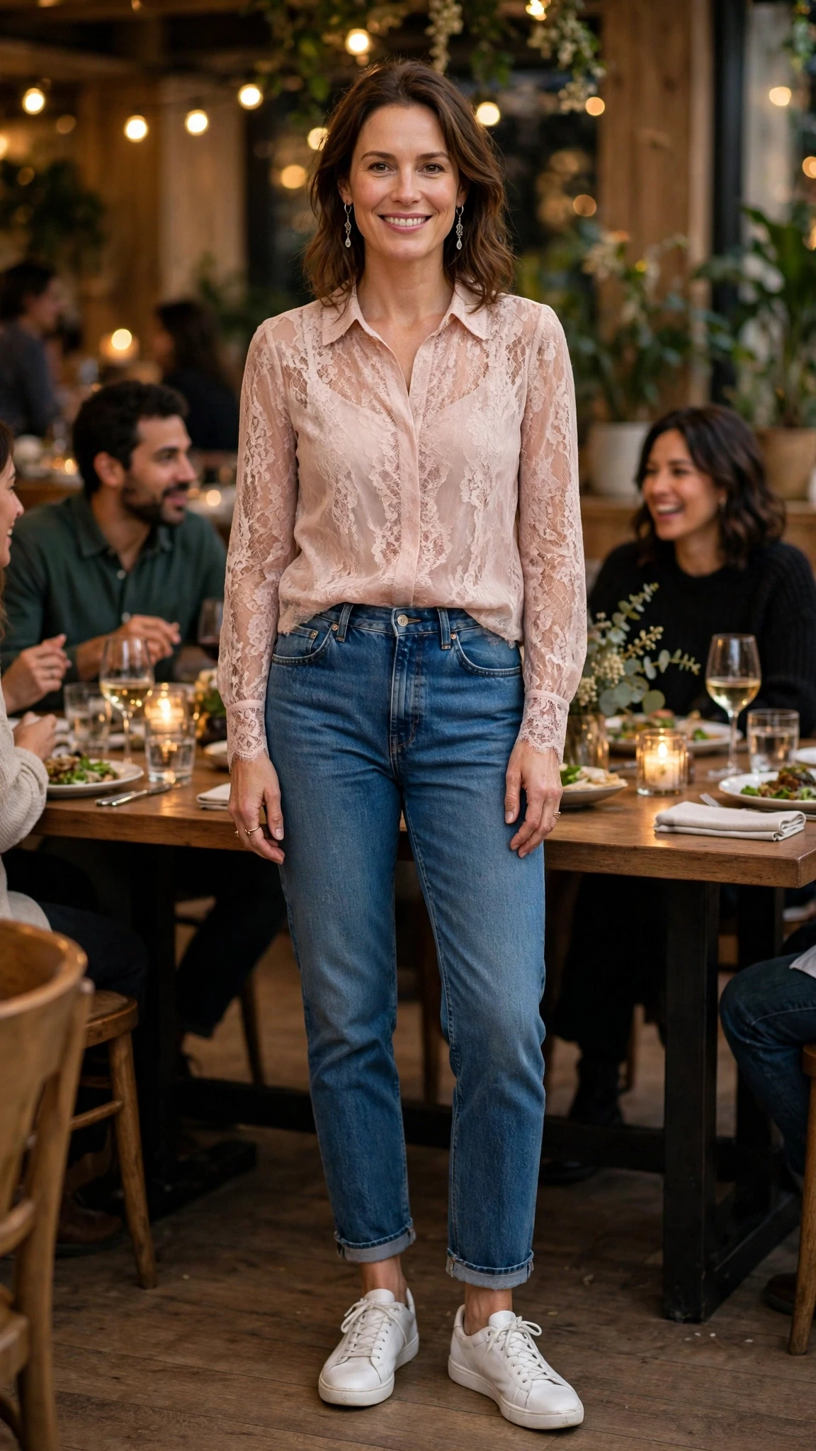 Blush Lace Blouse and Jeans with silver drop earrings