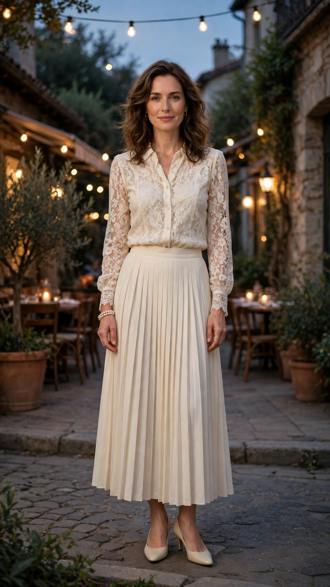 Cream Lace Blouse and Pleated Skirt with a pearl bracelet