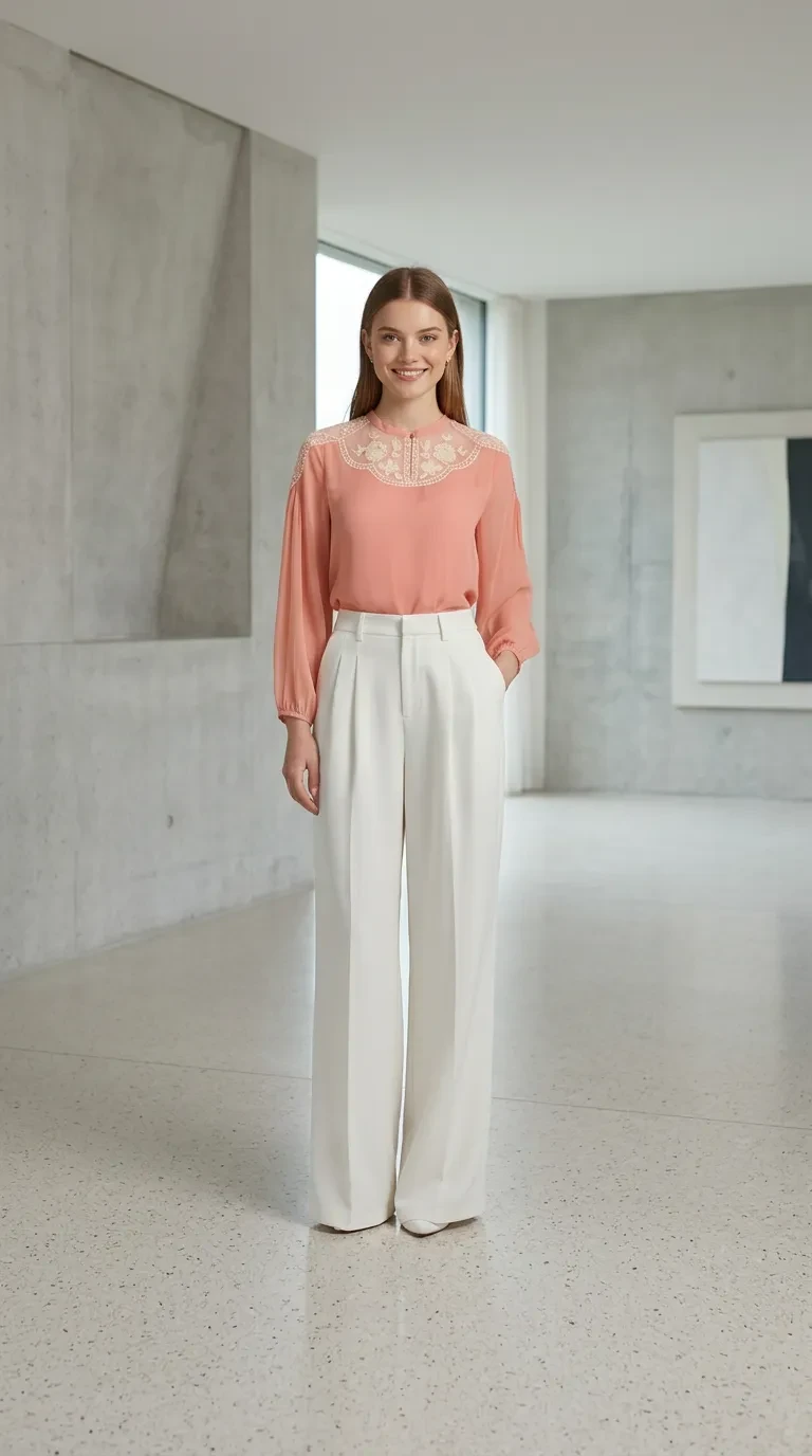 Blush Lace Blouse and Trousers with nude pointed flats