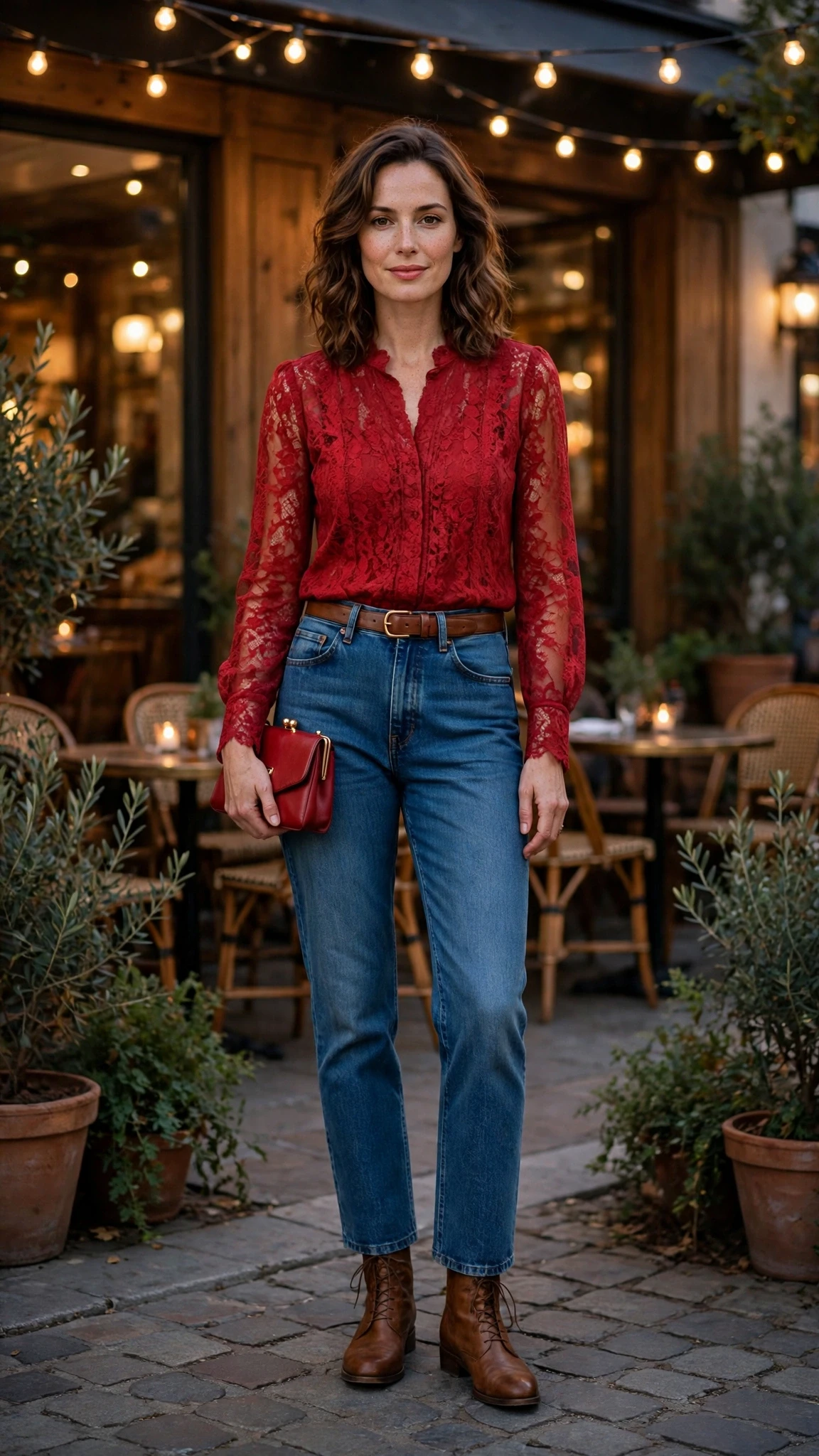 Red Lace Blouse and Jeans with a red clutch